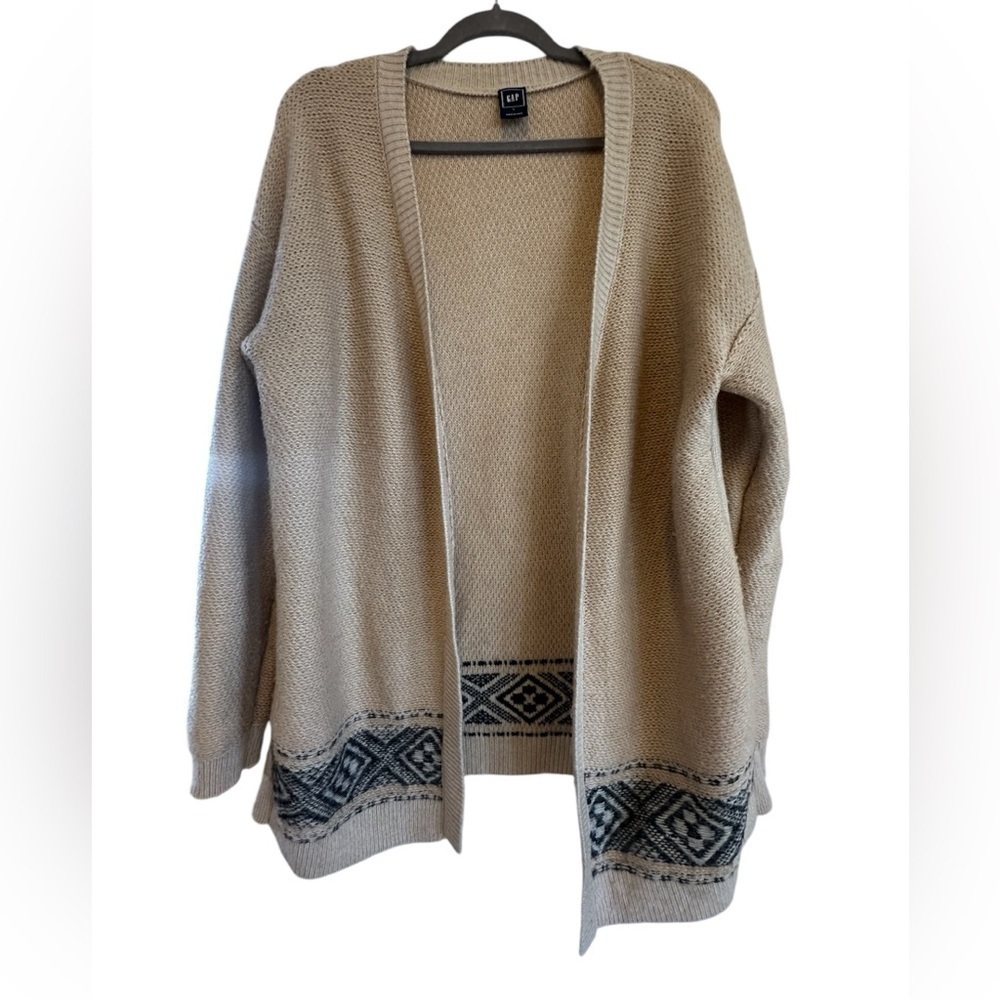 Gap open front geometric Aztec boho cardigan Large tan gray neutral 14% wool‎